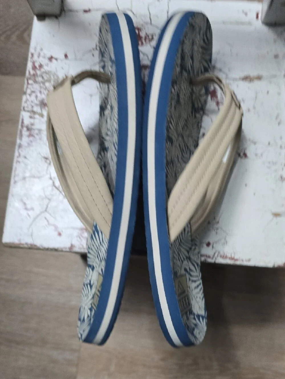 Reef Blue and Cream Tropical Leaf Flip Flops